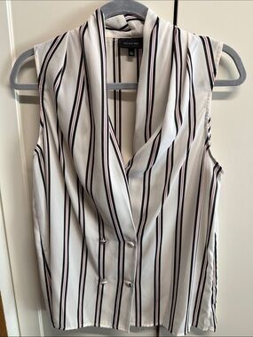 Who What Wear White Sleeveless Draped Blouse with Black & Pink Stripes